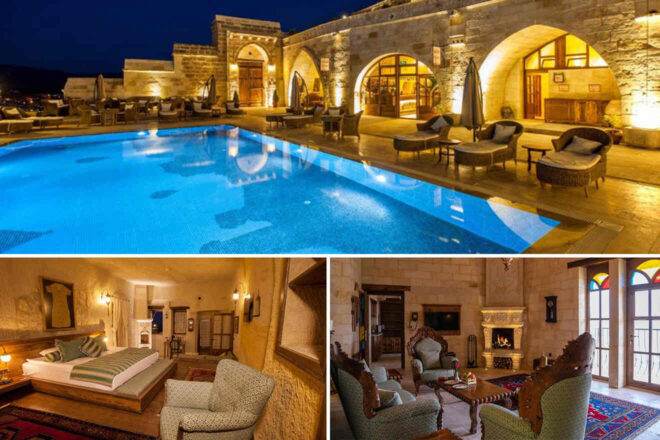 Collage of 3 pics of luxury stay in Cappadocia: a nighttime view of a luxury hotel pool, a spacious bedroom with a double bed, and a cozy living room with traditional decor and a fireplace.