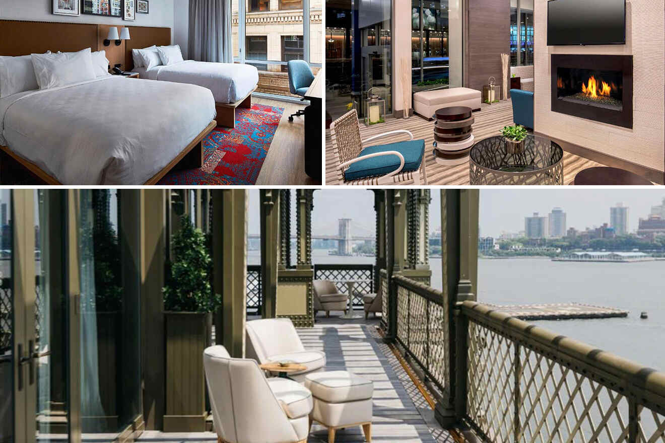 Collage of 3 pics of hotels in Financial District: a hotel room with double beds, a lounge area with a fireplace, and an outdoor patio with seating overlooking a river.