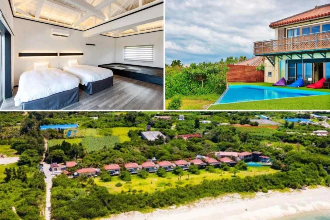 Collage of a modern bedroom, a villa with a pool, and an aerial view of a beachfront property surrounded by greenery.
