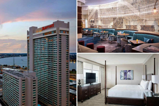Collage of 3 pics of luxury hotel: a high-rise Marriott hotel, a modern lounge area with blue seating, and a hotel room with a king-sized bed and television.