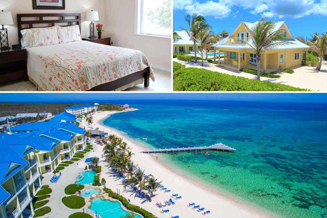 Collage of 3 pics of luxury hotels in -Grand-Cayman: a bedroom with a neatly made bed, two beachside houses with palm trees, and an aerial view of a coastal resort with multiple swimming pools and beach loungers.