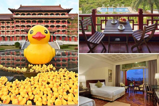 A collage of a hotel featuring a large rubber duck installation, a room with a balcony, a dining table on a terrace, and a twin bed setup.