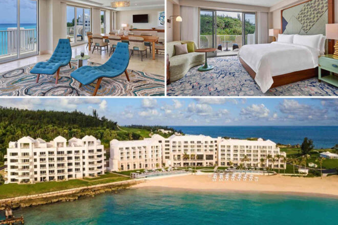 Collage of 3 pics of luxury hotel in St. George Bermuda: a beachside resort: a living area with ocean view, a bedroom with balcony overlooking greenery, and an aerial view of the resort with a sandy beach and clear water.