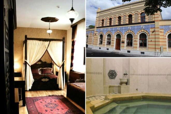 A collage of three hotel photos: a traditional room with a four-poster bed and rich decor, the ornate exterior of the hotel featuring intricate patterns, and a luxurious spa area with a marble basin and tiled walls.