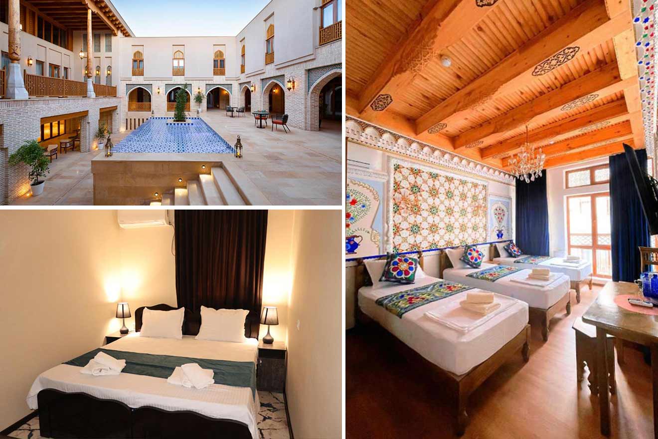 A collage of three images of hotel in Bukhara: courtyard with a pool, a double bed room with modern decor, and a spacious three-bed room with colorful traditional decor.