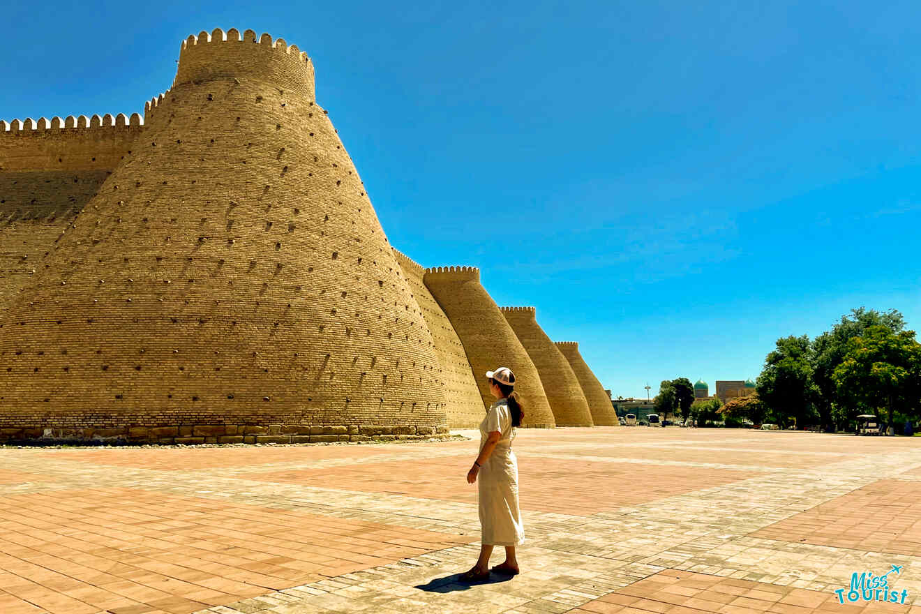 A person stands in front of a historic brick fortress with large, curved towers under a clear blue sky. Trees and buildings are visible in the background.