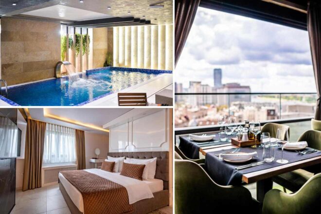 Collage of 3 pics of luxury hotel: an indoor pool with a water feature, an elegantly set dining table by a window with a city view, and a bedroom with a double bed and beige accents.