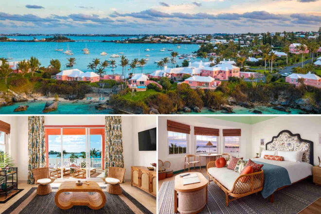 Collage of 3 pics of luxury hotel in Somerset Village Bermuda: resort with pink and white cottages, palm trees, and a view of boats on the water. Includes images of an interior living room with ocean view, and a bedroom with floral decor.