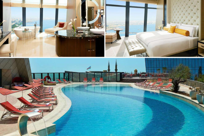 A luxurious hotel suite with city views, featuring a spacious bathroom and bedroom. Adjacent image shows an outdoor pool area with red lounge chairs arranged around the water.