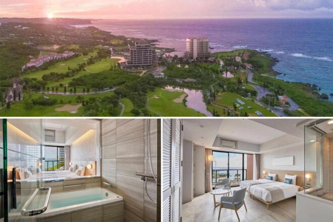 Collage of 3 pics for coastal resort in Miyako Islands: a golf course, a high-rise hotel, and a sunset view; images below show a modern bathroom with a bathtub and a spacious bedroom with twin beds and a balcony overlooking the sea.