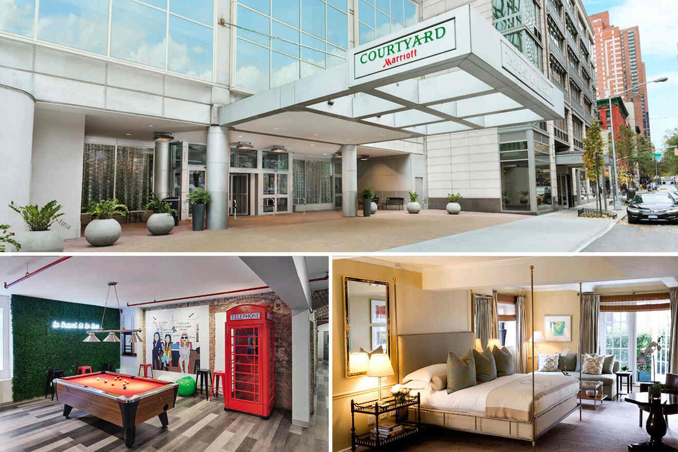 Collage of 3 pics of hotels in Upper East & West Side: view of Courtyard by Marriott entrance. a lounge area with a pool table and a bedroom with a king-size bed.