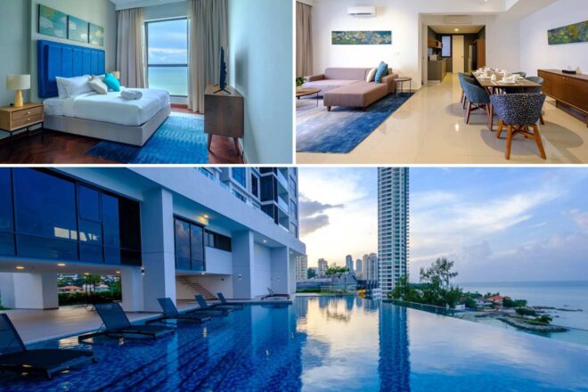 Collage of 3 pics of luxury hotel: a bedroom, living and dining areas, an outdoor pool with sun loungers, and a city and ocean view from a high-rise building.