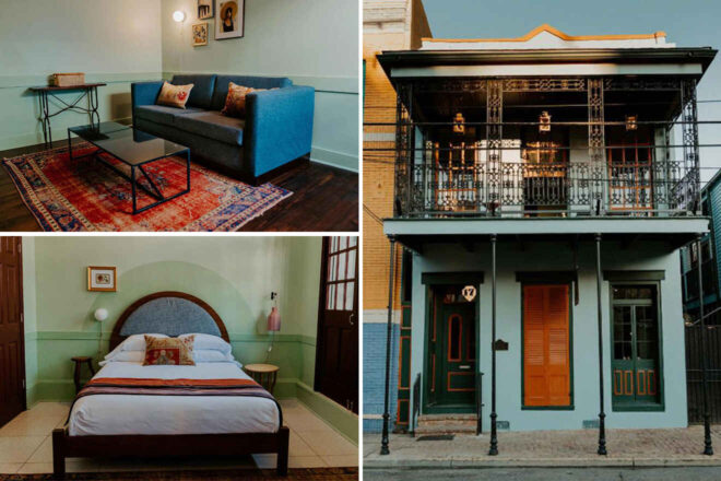 Collage of 3 pics of luxury hotel: a living room with a blue couch and a red rug, a bedroom with a double bed and green walls, and an exterior shot of a two-story building with a balcony and green facade.