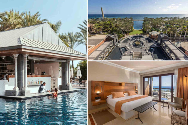 Collage of 3 pics of luxury Resort complex in Meloneras: a poolside bar with two people in the water, a grand hotel entrance with gardens and a distant sea view, and a modern hotel room featuring a large bed and balcony with ocean views.