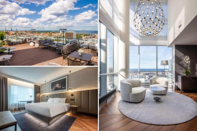 A collage of three hotel photos: a rooftop terrace with stunning city views and comfortable seating, a modern hotel room with a large bed and minimalist design, and a stylish living area with large windows and contemporary furniture.