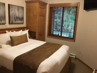 A small bedroom with a neatly made double bed, a bedside cabinet, and a window with wooden blinds. There's a flat-screen TV mounted on the wall and framed artwork above the bed.