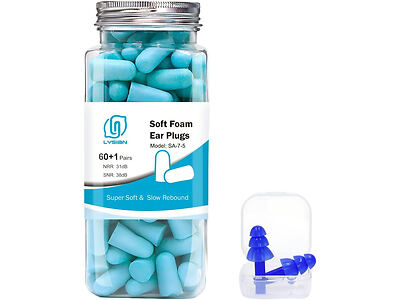 A clear jar labeled "Soft Foam Ear Plugs" containing multiple blue ear plugs, with a small white container holding a pair of blue triple-flange ear plugs beside it.