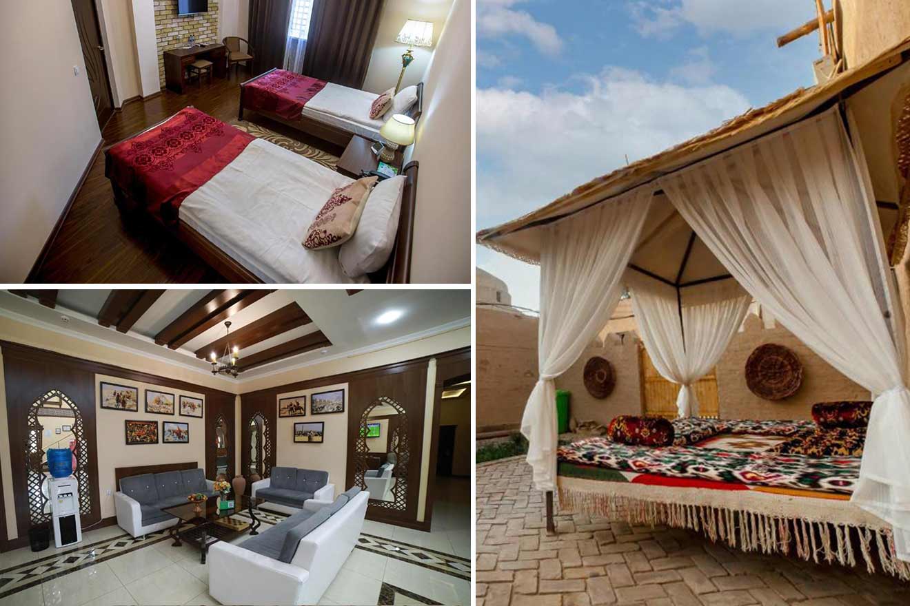 A collage of three images of hotel in Khiva: a hotel room with twin beds, a living area with seating and decor, and an outdoor canopy bed with curtains.