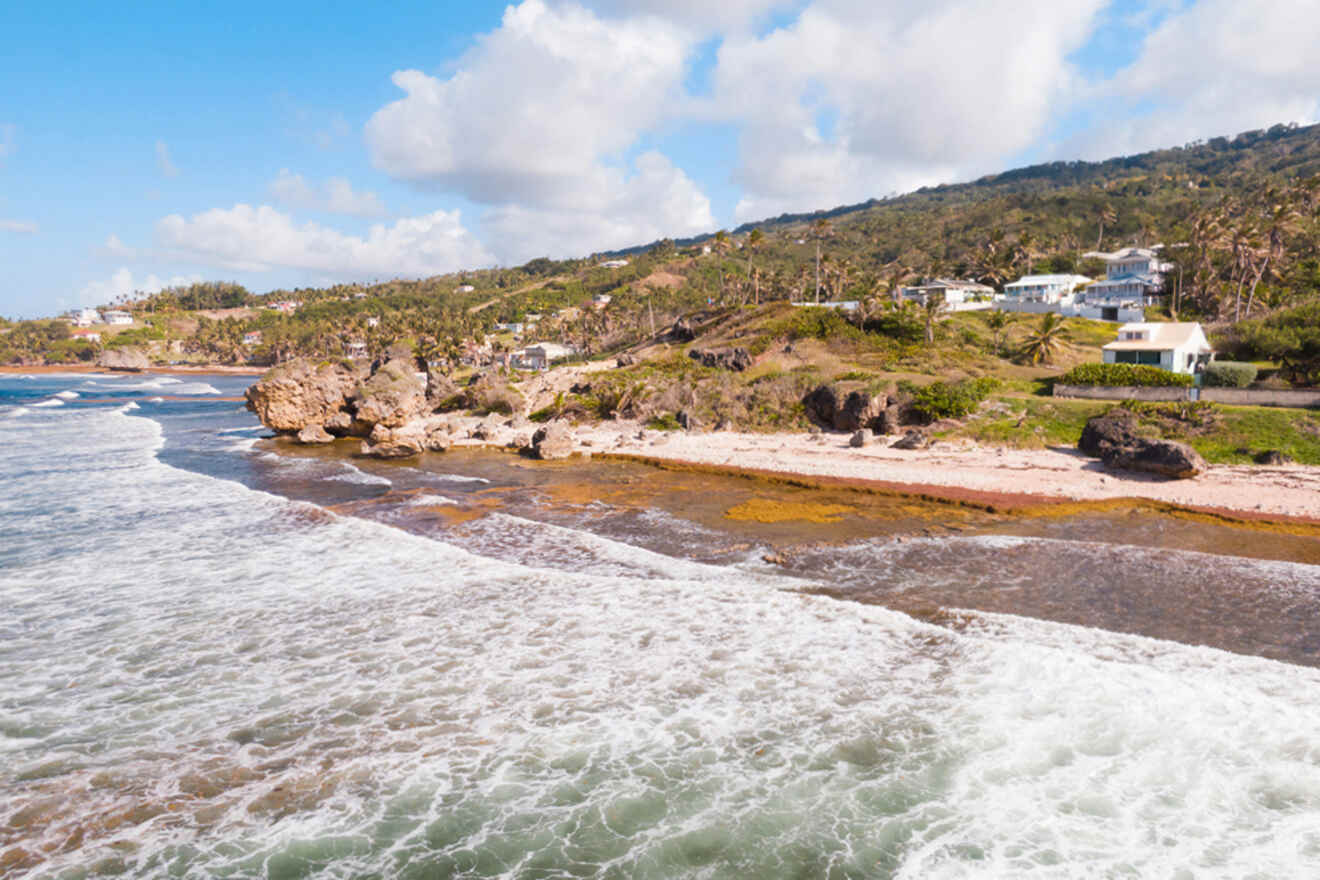 A coastal scene featuring waves crashing against a rocky shoreline with a few houses and vegetation on a hill in the background under a partly cloudy sky.