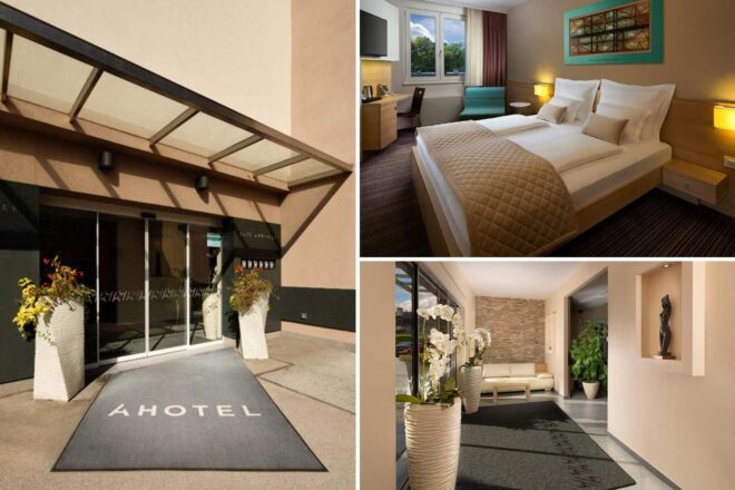 Collage of 3 pics of luxury hotel: exterior entrance, a double-bed room, and a modern lobby area of a hotel. The entrance has a covered awning, the room features white bedding, and the lobby has contemporary decor.