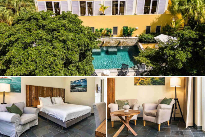 Collage of 3 pics of luxury hotel: a hotel with a courtyard pool surrounded by trees, along with a bedroom featuring a double bed, seating area, and modern decor.