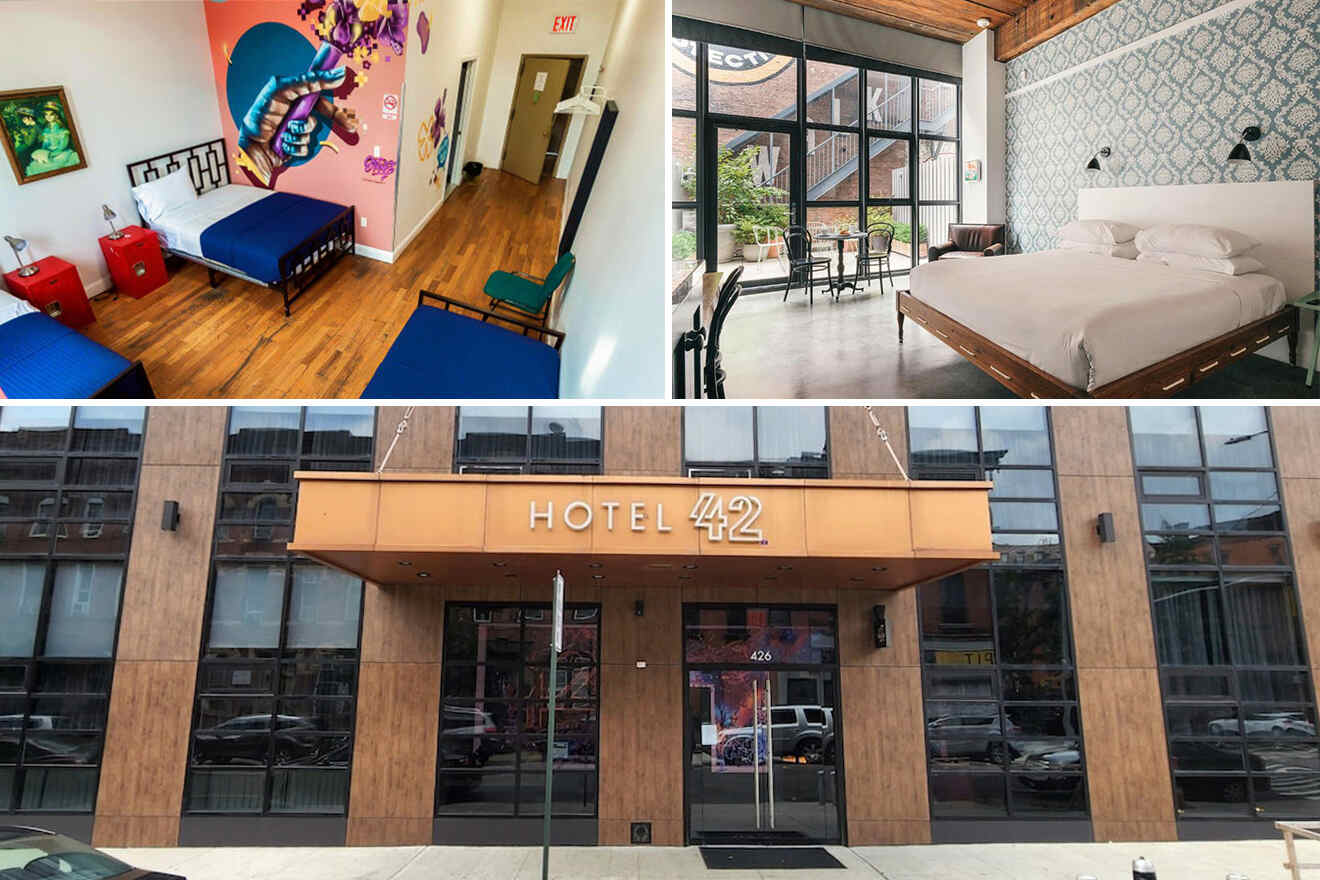 Collage of 3 pics of hotels in Williamsburg: a colorful dorm-style room, a modern bedroom with a large window, and the exterior of Hotel 42 with its entrance.