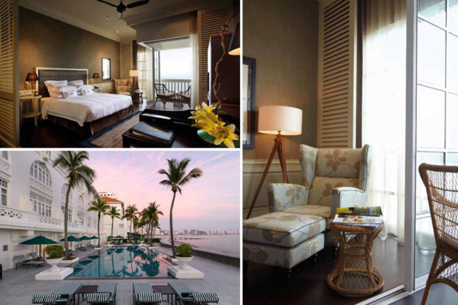 Collage of 3 pics of luxury stay in Penang: room with a bed and balcony, a cozy lounge area with a chair and lamp, and an outdoor pool area with sunbeds and palm trees overlooking a cityscape at sunset.