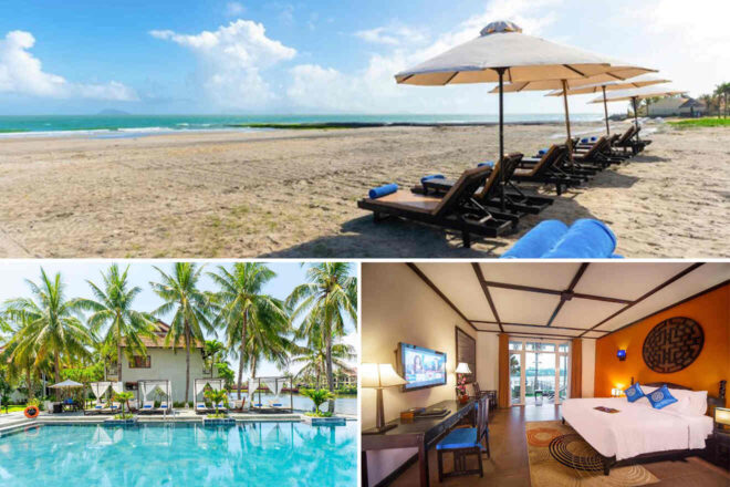 Collage of 3 pics of luxury hotel in An Bang Beach & Cua Dai Beach Hoi An: beach chairs with umbrellas on a sandy beach, a swimming pool surrounded by palm trees and buildings and a hotel room with a bed and balcony.