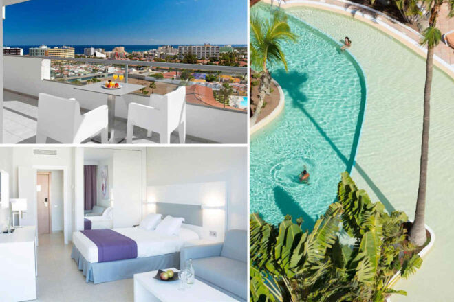 Collage of 3 pics of luxury hotel in Playa del Ingles : a balcony with city and sea views, a hotel room with a bed and seating area, and an outdoor pool with a person swimming.