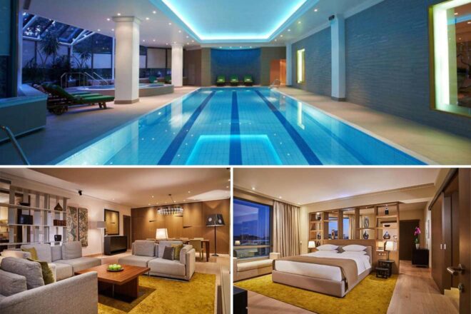 Collage of 3 pics of luxury hotel: An indoor pool with lounge chairs, a living room with sofas, a coffee table, and a dining area, and a bedroom with a double bed and large window.