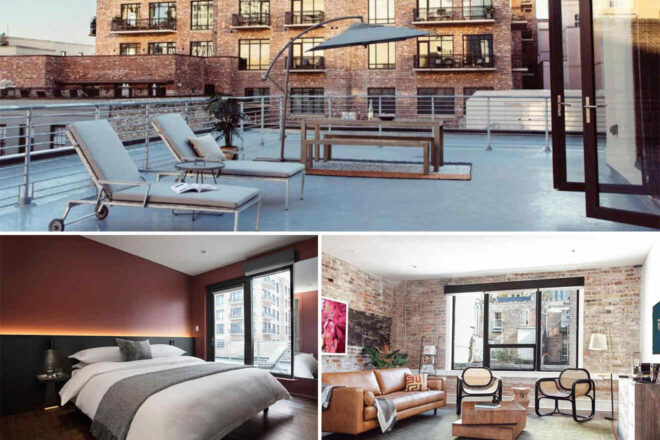 Collage of 3 pics of luxury hotel: a modern loft apartment featuring a spacious rooftop with lounge chairs and a table, a bedroom with minimalist decor, and a cozy living room with brick walls and large windows.