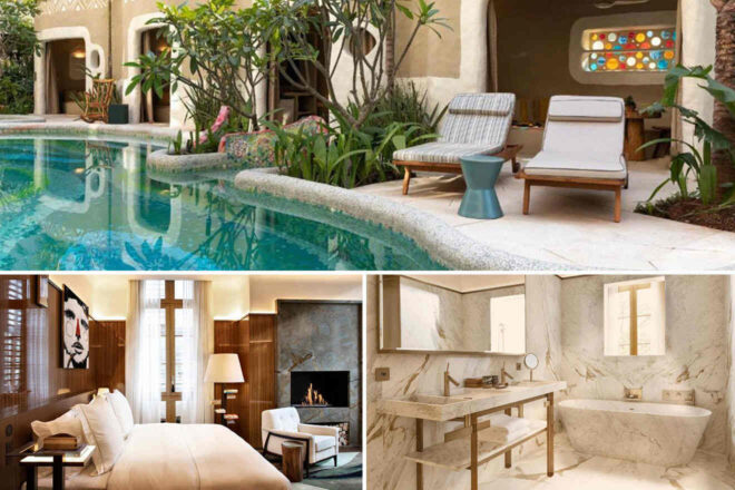 Collage of 3 pics of luxury hotel: a modern villa with a poolside lounge area, a cozy bedroom with a fireplace and art on the wall, and a marble-finished bathroom with a bathtub and shower.