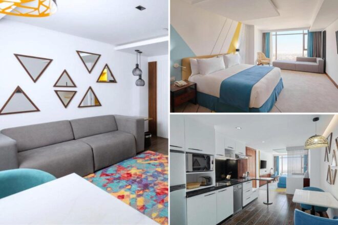 A collage of three hotel photos to stay in Cairo: a modern living room with geometric wall mirrors, a bright bedroom with blue and yellow decor, and a sleek kitchen with contemporary design.
