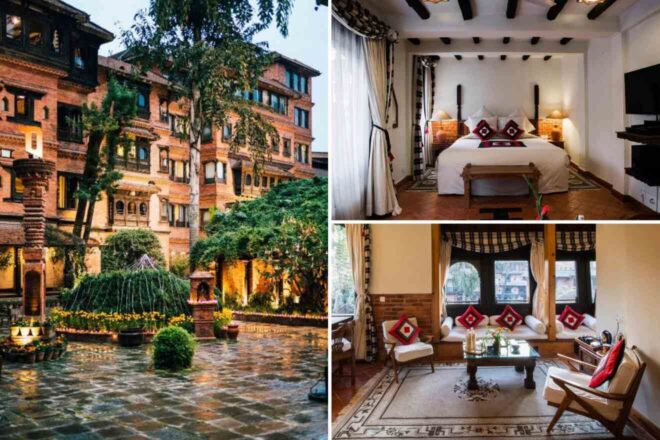 A collage of three hotel photos: a charming courtyard with brick architecture and lush greenery, a cozy bedroom with traditional decor and wooden beams, and a comfortable sitting area with large windows and colorful cushions.