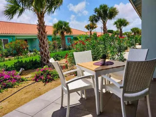 A turquoise swimming pool with a red-brick border, lounge chairs under a pergola, and a white house with palm trees in the background on a partly cloudy day.