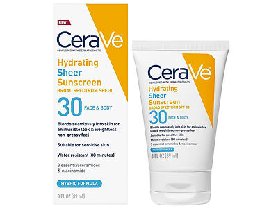 CeraVe Hydrating Sheer Sunscreen SPF 30 for face and body, shown with its packaging. Contains 3 fl oz (89 ml). Advertised as blending seamlessly, non-greasy, suitable for sensitive skin, and water-resistant for 80 minutes.
