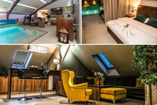 Collage of 3 pics of luxury hotel: an indoor pool area, a bedroom with a neatly made bed, and a cozy attic lounge with colorful seating and skylights.