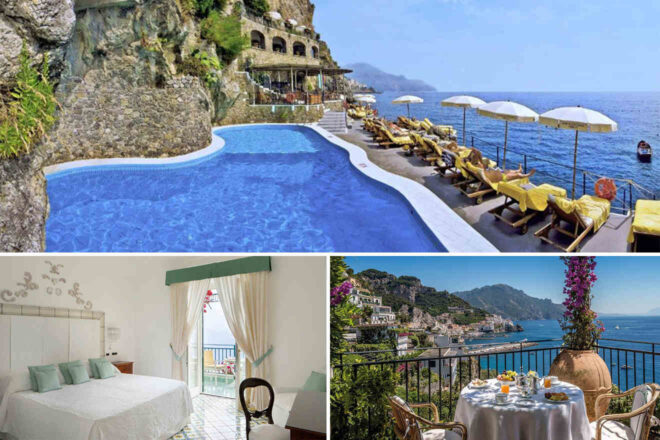 Collage of 3 pics of luxury stay in Amalfi Coast: a cliffside pool, a deck with parasols and loungers overlooking the ocean, a well-appointed bedroom, and a balcony with a table set for two with ocean views.