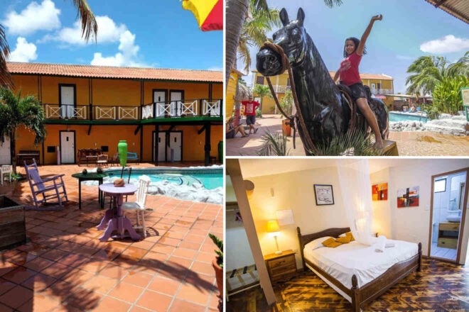 Collage of 3 pics of luxury hotel: courtyard with pool and colorful chairs, person on a horse statue under palm trees, and a cozy room with a double bed and wooden flooring.