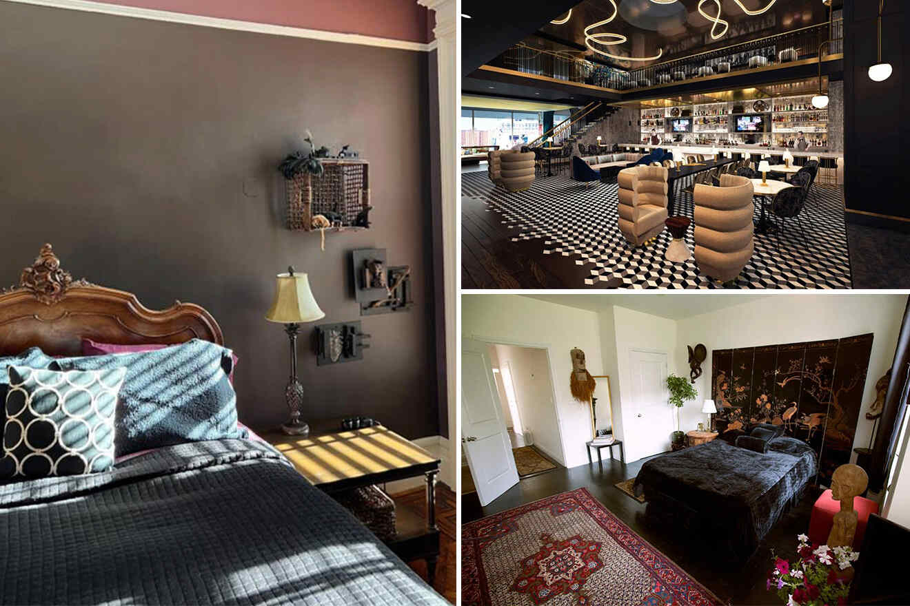 Collage of 3 pics of hotels in Harlem: a traditionally furnished bedroom, a modern bar with checkered flooring and unique lighting, and a bedroom with twin beds, oriental decor, and a red patterned rug.