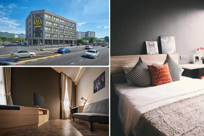 Collage of 3 pics of luxury hotel: exterior of a modern hotel, a bedroom with a double bed and decorative pillows, and a sitting area with a couch and desk setup.