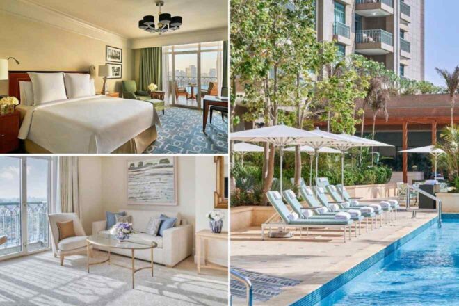 A collage of three hotel photos to stay in Cairo: a sophisticated bedroom with white and cream tones, a light-filled living room with elegant furniture, and a sunny pool area with lounge chairs and umbrellas.