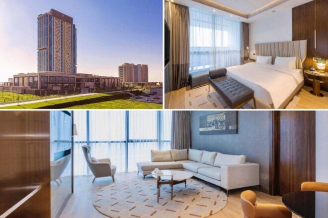 A collage of three hotel photos: a tall hotel building with a modern design in a spacious area, a luxurious room with a large bed and elegant furnishings, and a living area with modern decor and ample natural light.