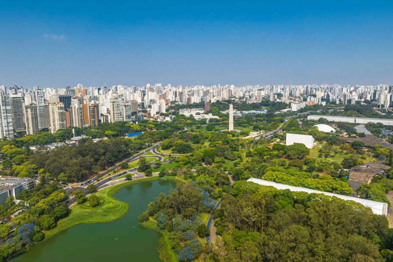 Aerial view of a large urban park with greenery, a lake, pathways, and surrounding high-rise buildings under a clear blue sky.