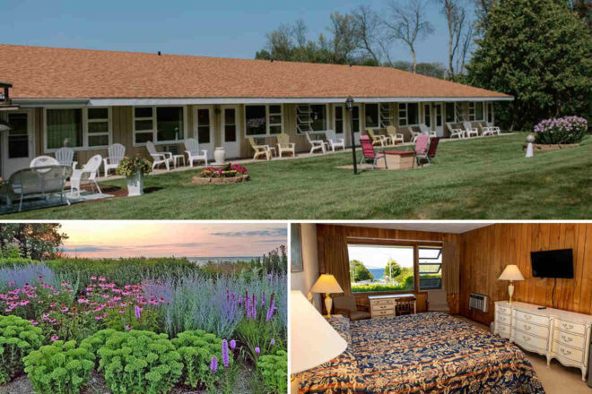 Collage of 3 pics of luxury hotel in Ellison-Bay: a single-story motel with outdoor seating on a grassy area, a garden with various flowers and rustic double bed motel room with wooden walls and a small TV.