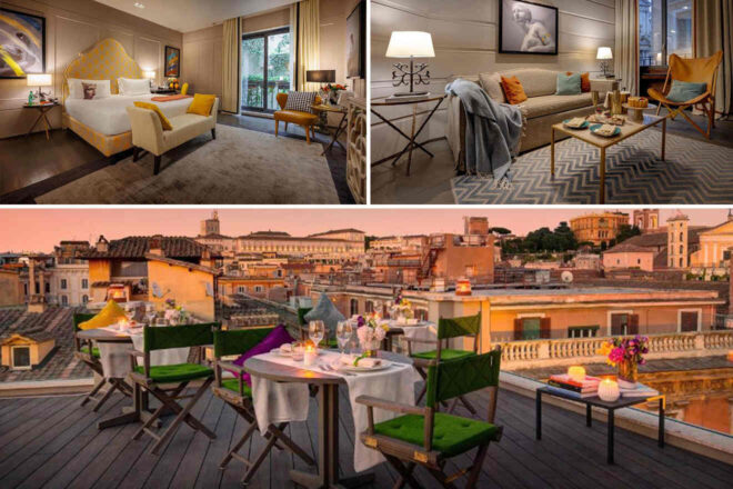 Collage of 3 pics of luxury stay in Rome: a hotel room with a bed, a comfortable sitting area, and an outdoor dining terrace overlooking city rooftops at sunset.