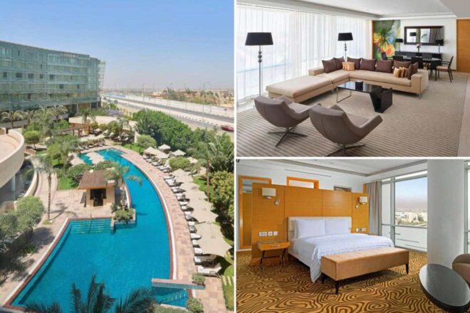 A collage of three hotel photos to stay in Cairo: a sweeping view of a hotel's extensive pool area, a chic living room with ample seating, and a spacious bedroom with a large bed and contemporary decor. 