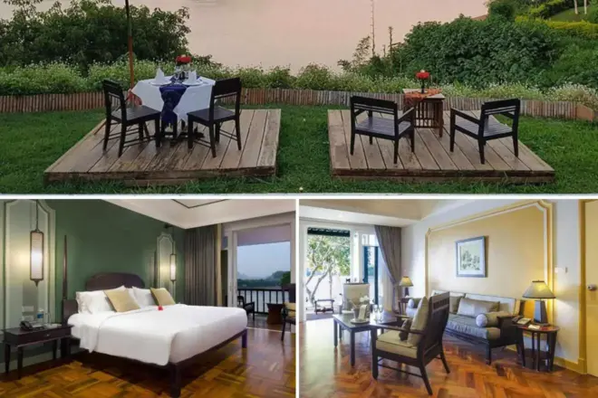 A collage of three hotel photos: an outdoor dining setup on wooden platforms with a scenic view, a spacious room with a comfortable bed and elegant decor, and a cozy living area with classic furniture and a view of the lush outdoors. 