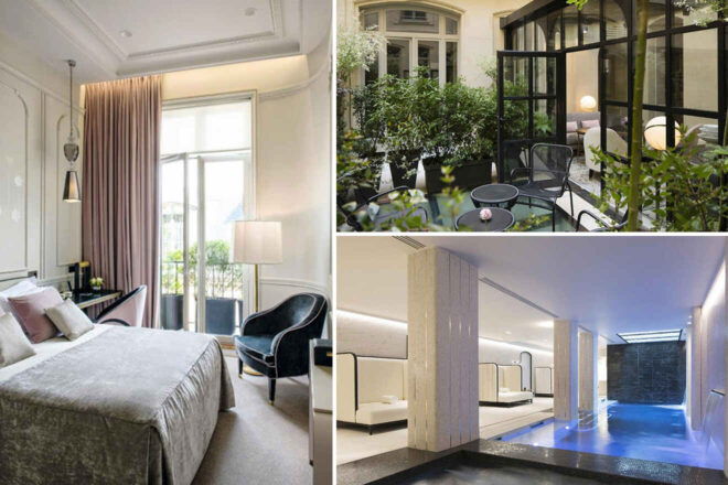 Collage of 3 pics of luxury stay in Paris: a modern bedroom, an outdoor patio with greenery, and an indoor pool area. The bedroom has a large window with curtains, the patio includes seating and plants, and the pool area is ambiently lit.