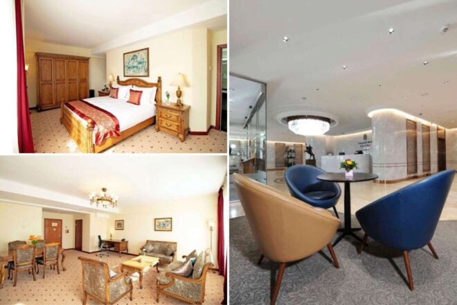 A collage of three hotel photos: a cozy bedroom with classic wooden furniture and warm lighting, a spacious living area with elegant decor and a dining table, and a stylish lobby with modern seating and a grand chandelier.
